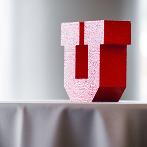 A wooden Block U logo on a table