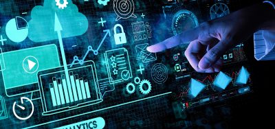 Hand touching Business data analytics process management with KPI financial charts and graph and automated marketing dashboard.